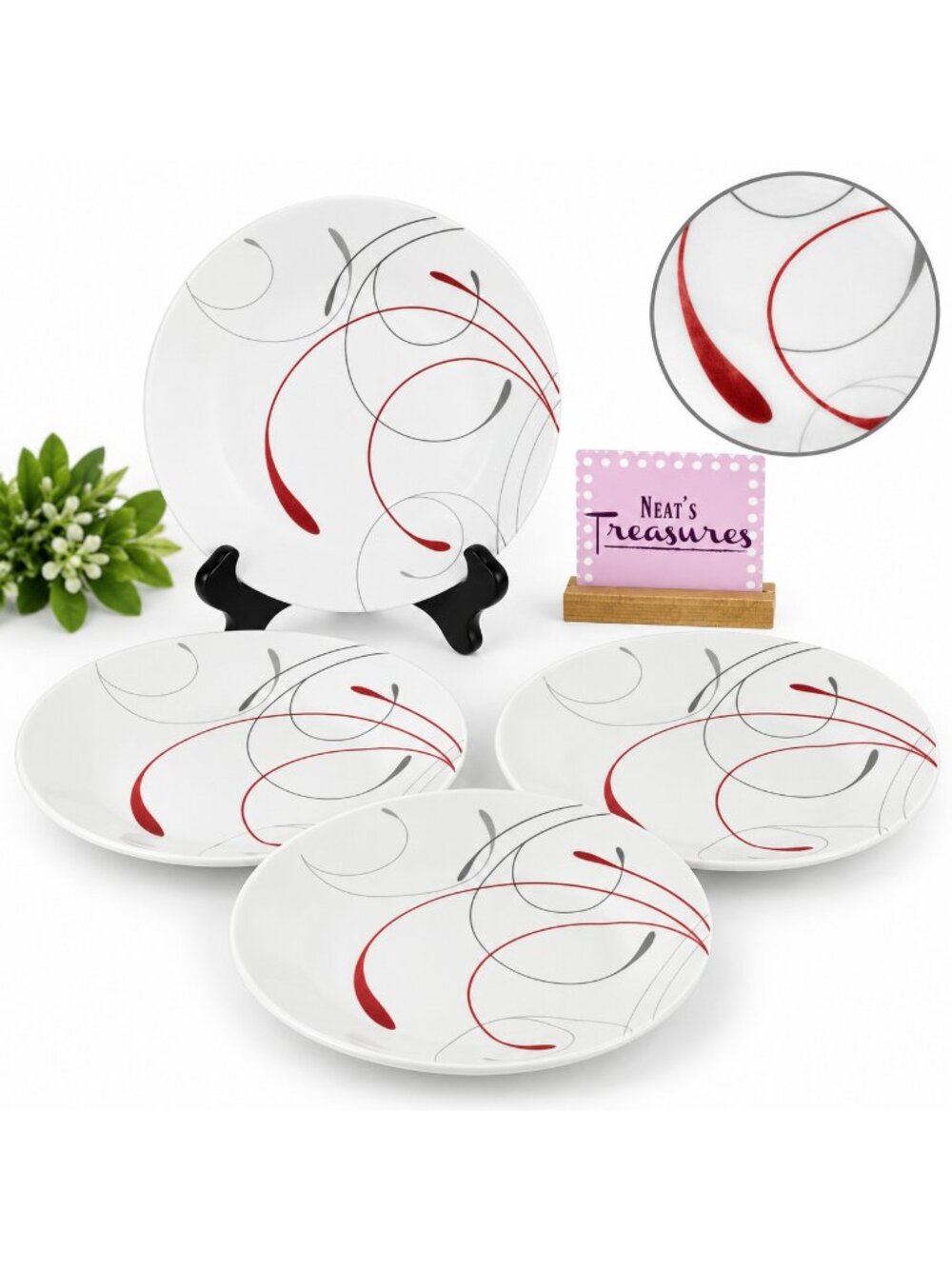 Corelle SPLENDOR Break Chip Resistant Red Gray Scroll Rim Bread Plates Set of 4